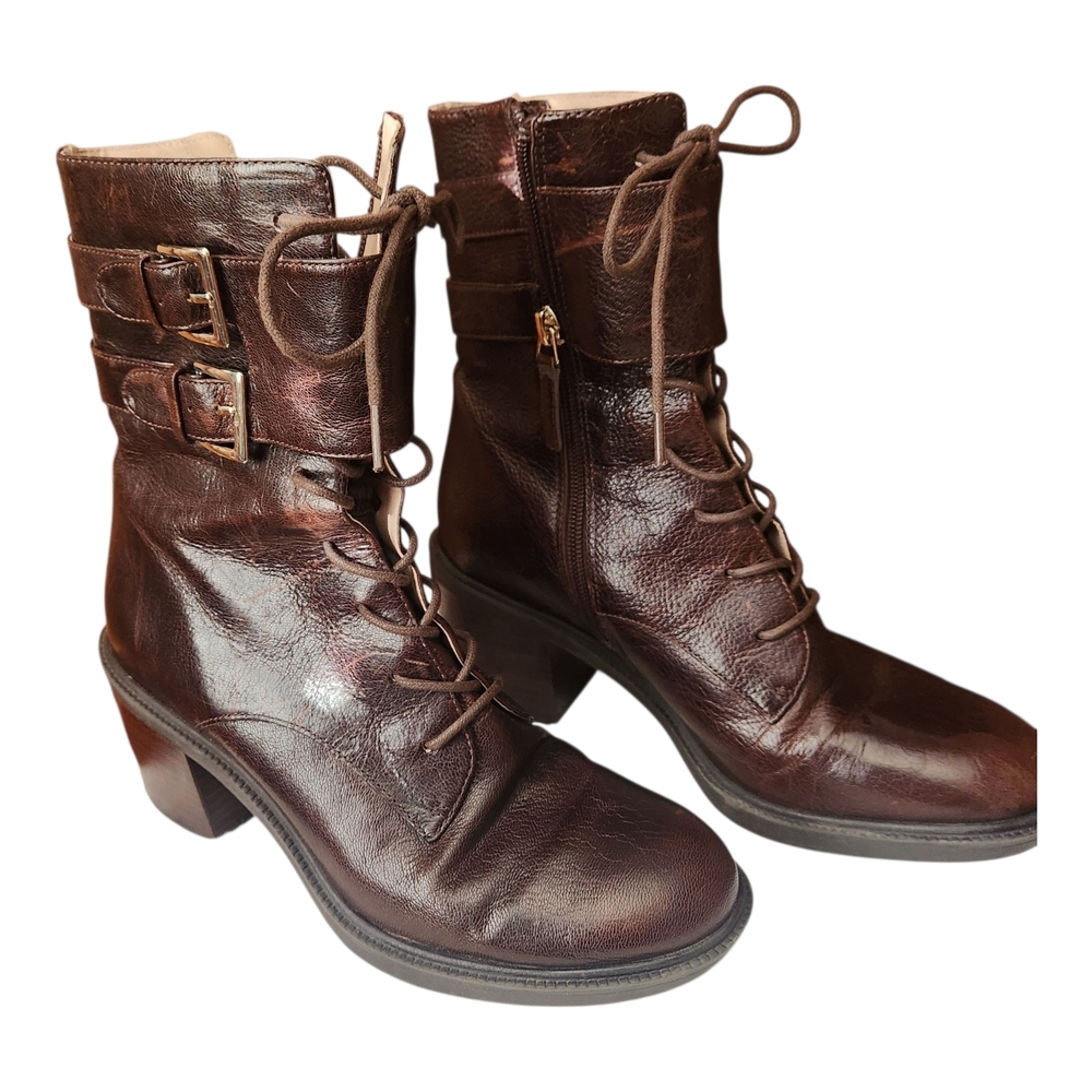 Nine West Lace Up Brown Leather Ankle Boots Zipper Closure Heeled Size 7